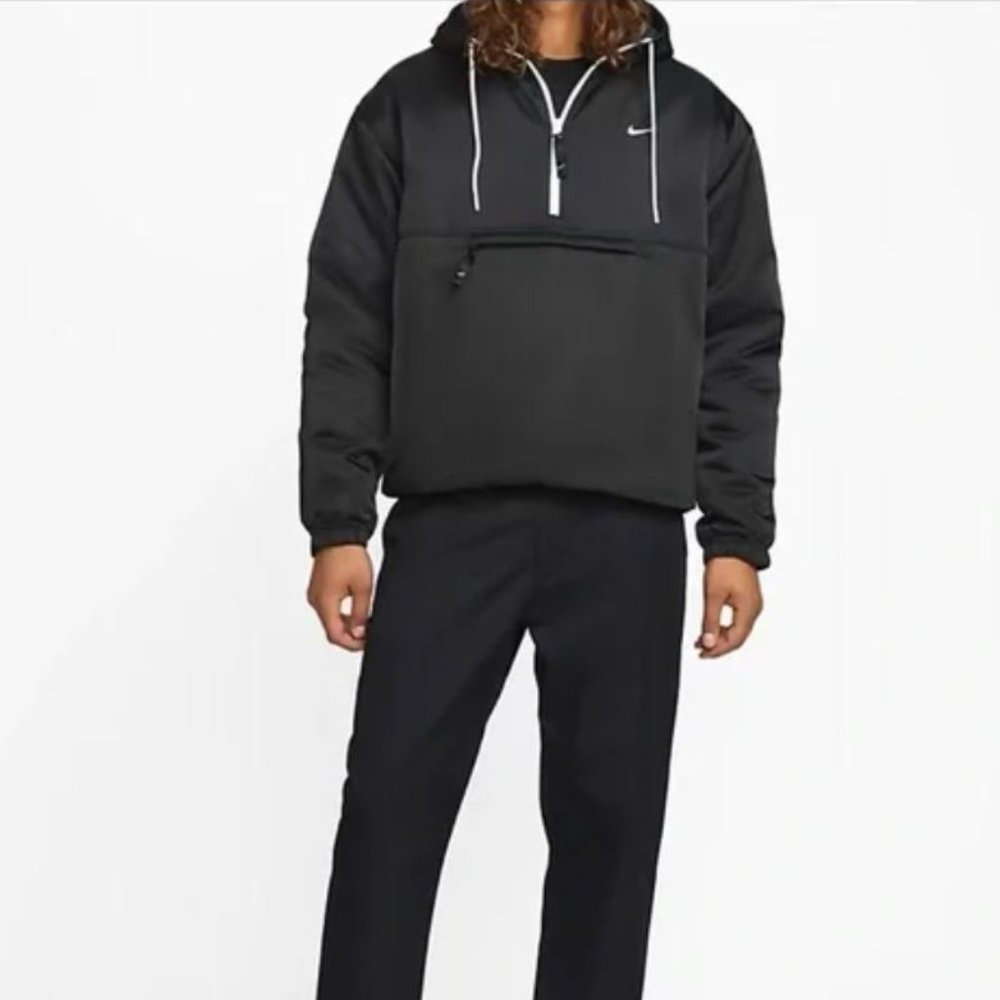 Nike Men's Solo Swoosh Satin Black Anorak 1/2 Zip Hooded Jacket